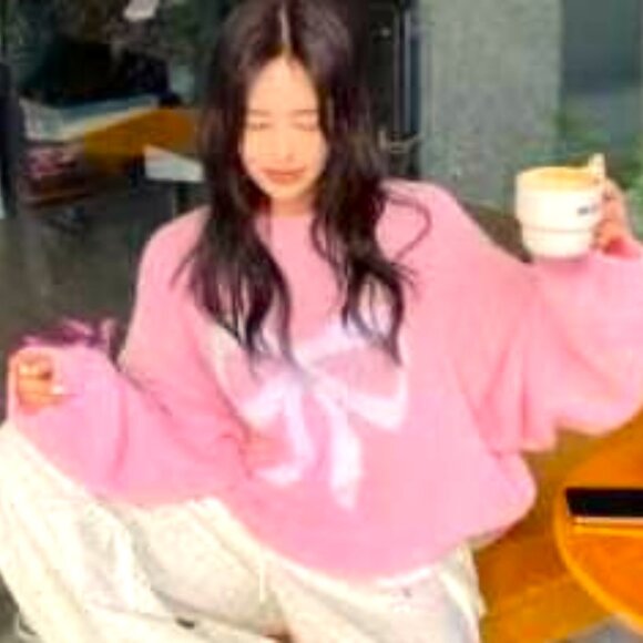 O/S CASUAL ELEGANT PINK BOW KNOT LONG SLEEVE CREW NECK SPANDEX KNIT SWEATER - Picture 1 of 4